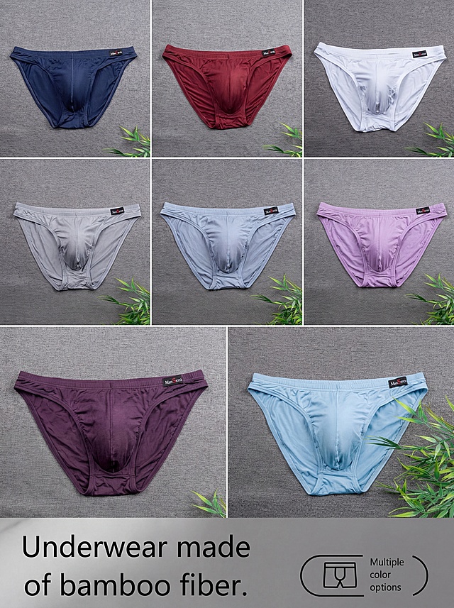 将七个不同颜色的男士三角内裤，排成整齐的网格布局，合成一张图片，在图片底部添加广告语'Underwear made of bamboo fiber. Multiple color options'，保持每张内裤的高清质感，背景为灰色麻布纹理，右下角保留绿色竹子装饰