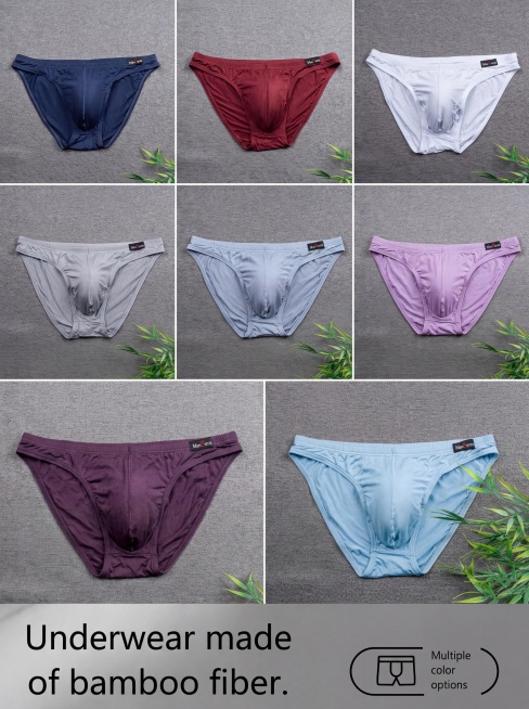 将七个不同颜色的男士三角内裤，排成整齐的网格布局，合成一张图片，在图片底部添加广告语'Underwear made of bamboo fiber. Multiple color options'，保预览效果