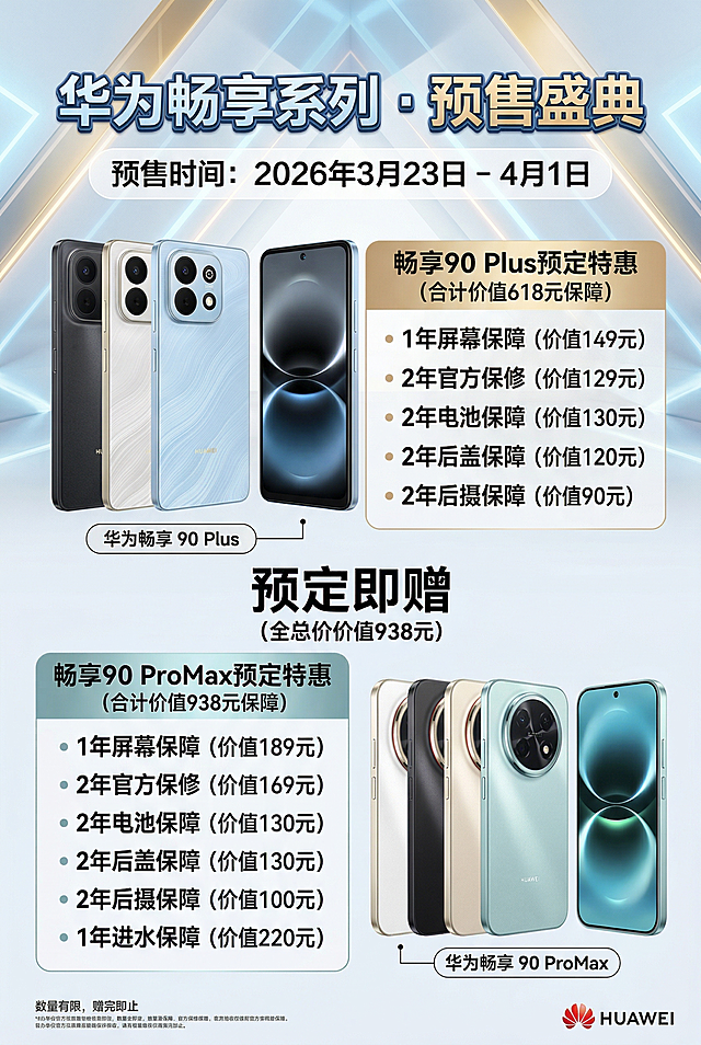 设计A4竖版可打印的华为手机预售宣传海报，展示两款手机：图1华为畅享90 plus和图2华为畅享90 promax。预售时间：2026年3月23日-4月1日，标题醒目。列出特惠政策：畅享90promax预定赠送合计价值938元保障，包含1年价值189元屏幕保障，价值169元2年官方保修，价值130元2年电池保障，价值130元2年后盖保障，价值100元2年后摄保障，价值220元1年进水保障。畅享90plus预定赠送合计价值618元保障，包含价值149元1年屏幕保障，价值129元2年官方保修，价值130元2年电池保障，价值120元2年后盖保障，90元2年后摄保障。整体风格现代科技感，清晰易读适合打印。