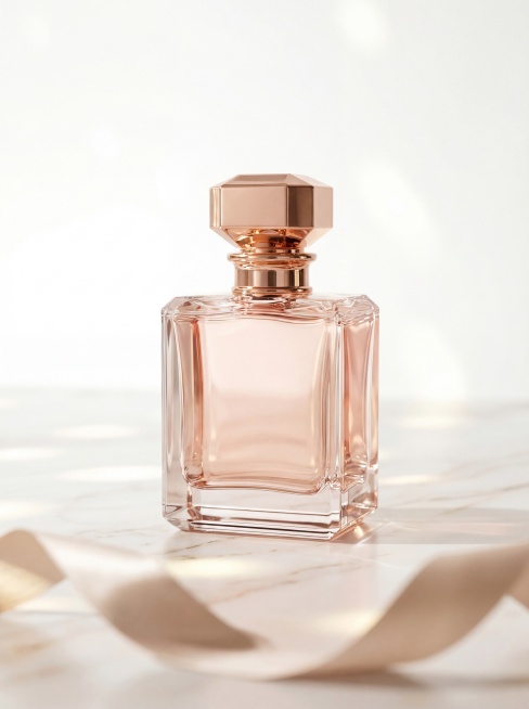 香水商品展示图，保持原香水瓶主体结构，玫瑰金色瓶盖，透明方形瓶身装浅粉色液体，放置在轻奢白色大理石台面上，轻奢优雅风格，香槟浅金低饱和色调，柔和漫射光，画面明亮干净通透，前景点缀虚化丝带，背景留白，添预览效果