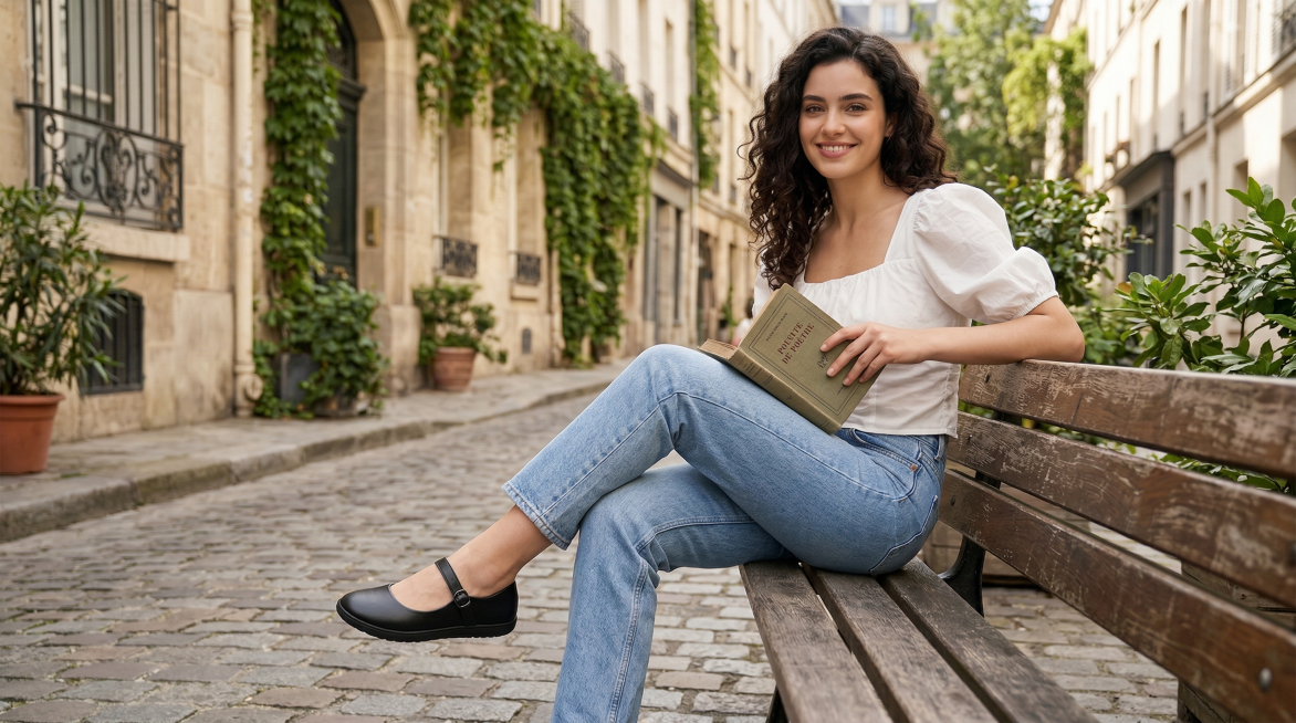 年轻白人女性模特，深色卷发，面带自然微笑，坐姿优雅，手持书本，传递出法式浪漫与知性气质，上身穿白色泡泡袖方领衬衫，下搭浅蓝色直筒牛仔裤，脚穿图中黑色浅口玛丽珍鞋，鞋子为经典圆头设计搭配一字式扣带，配饰预览效果