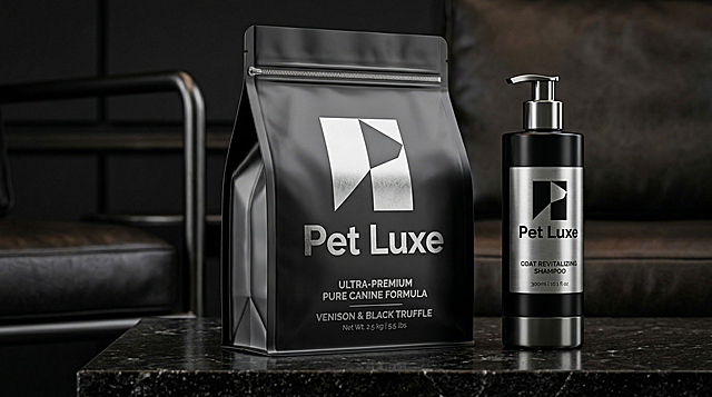 Pet Luxe高端宠物品牌产品包装设计，包含宠物食品袋和宠物护理包装，采用品牌极简几何暗黑金属风格，带有PET LUXE品牌LOGO，设计简约高级，黑色搭配金属质感，符合高端宠物品牌调性