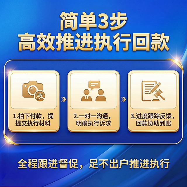 沿用参考图排版风格，调整为三步布局，替换文字内容：主标题“简单3步 高效推进执行回款”，三个步骤分别是：1拍下付款，提交执行材料；2一对一沟通，明确执行诉求；3进度跟踪反馈加回款协助到账；底部副标题“全程跟进督促，足不出户推进执行”。保持蓝色渐变背景、金色文字边框设计风格不变，保留原图标占位布局。