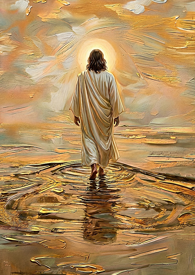 丰富画面细节，让图片看起来更加精致有质感，提升画面清晰度至2倍，保留原油画风格，耶稣在水面行走的背影题材不变