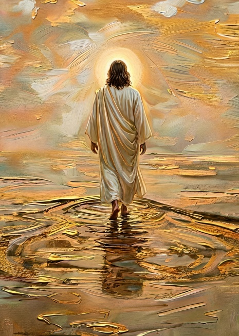 丰富画面细节，让图片看起来更加精致有质感，提升画面清晰度至2倍，保留原油画风格，耶稣在水面行走的背影题材不变预览效果
