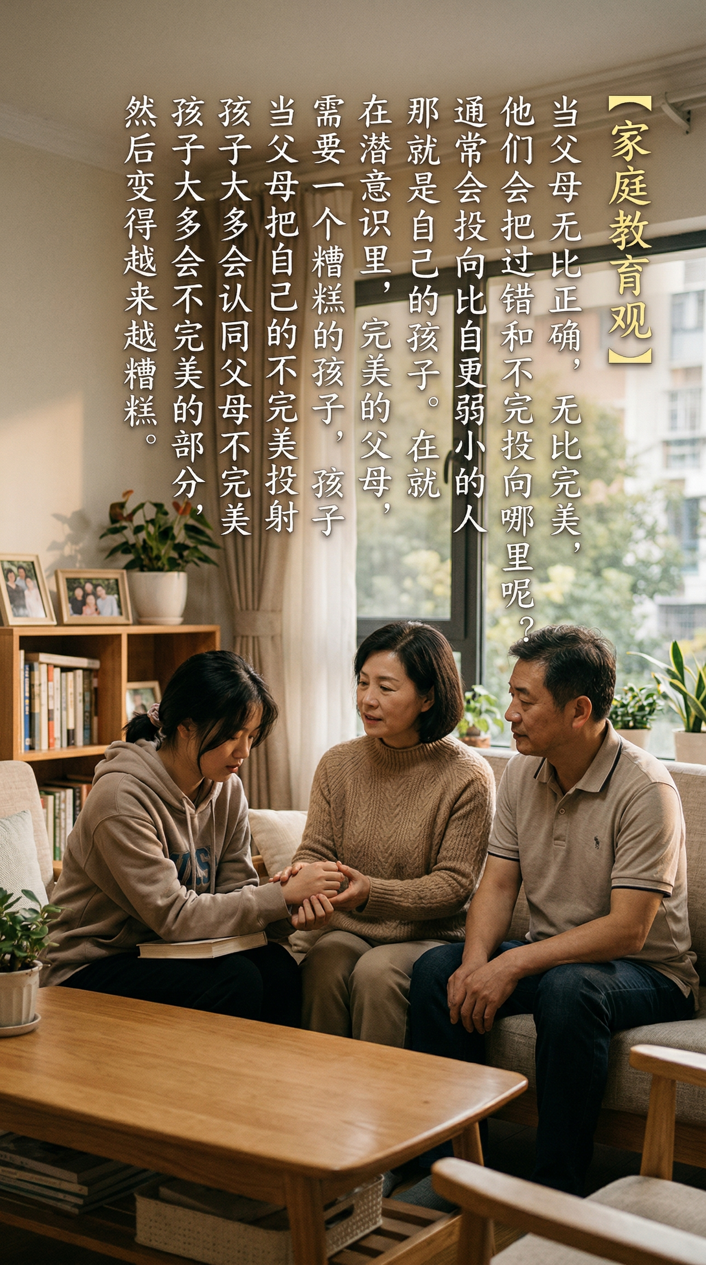 一张家庭教育主题宣传图，画面包含中年中国父母和中国大学生女孩三… - 图片创意预览