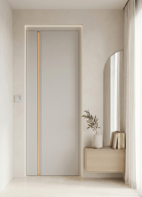 保持图中浅灰色室内门主体结构不变，将这扇门融入现代极简法式奶油风的室内玄关空间中，整体环境为暖奶白色微水泥墙面，柔和漫射自然光从侧面透光窗帘射入，营造干净通透温馨的氛围，光影为商业高调摄影，画面干净整预览效果