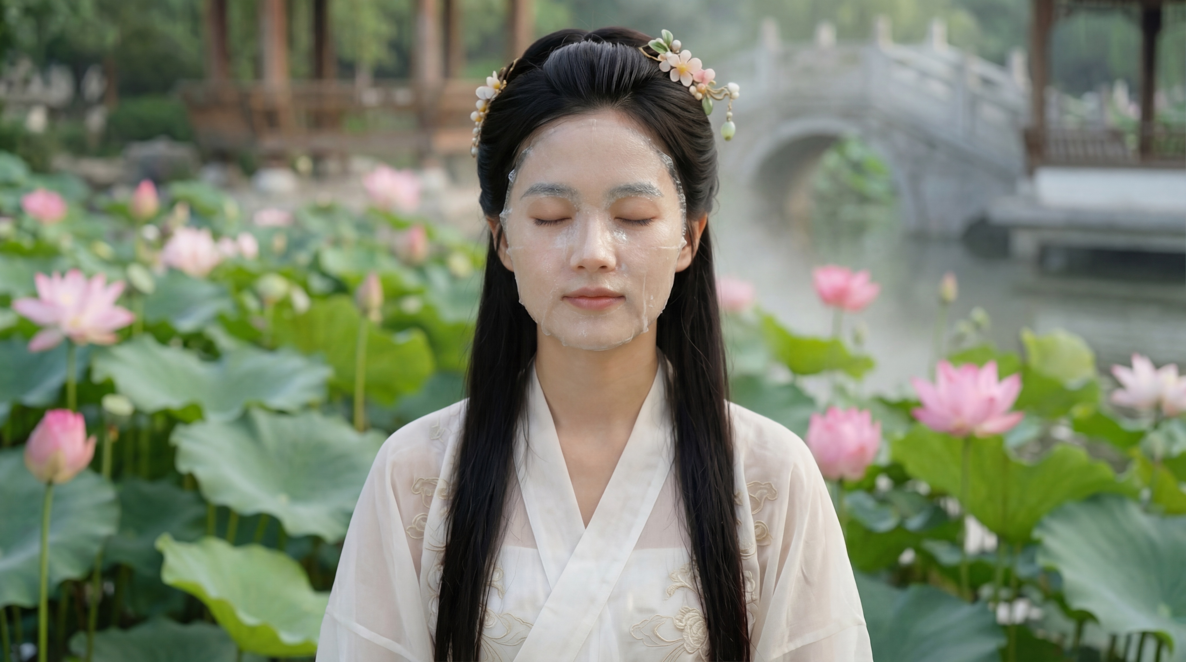 去除女孩面膜下方准备滴落的水露，保持其余画面不变，保留荷塘背景… - 图片创意预览