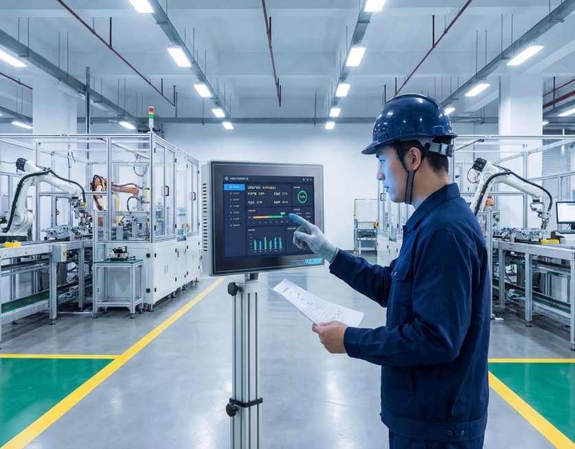 现代化汽车零部件生产车间，环境整洁明亮。背景是自动化生产线，有机械臂正在运作，地面画有清晰的黄色安全通道线和绿色作业区。画面中央，一位身穿深蓝色工装、头戴安全帽的工人正站在图中这款12英寸MES工业平预览效果