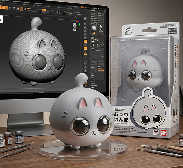 将参考图中的灰色球形小动物制作成一个商业化1/7比例手办，采用聚乙烯塑料和透明混合材质，风格写实，环境逼真。手办放置在电脑桌上，配有一个圆形透明亚克力底座，底座上没有文字。电脑屏幕上显示着手办的Zbrush建模过程。电脑屏幕旁边放着一个万代风格的精美高档塑料泡罩玩具包装盒，盒子里面装有同比例的原始手办，包装表面印有参考图里的原始画作。整体为商业产品展示图，画质超清细节丰富