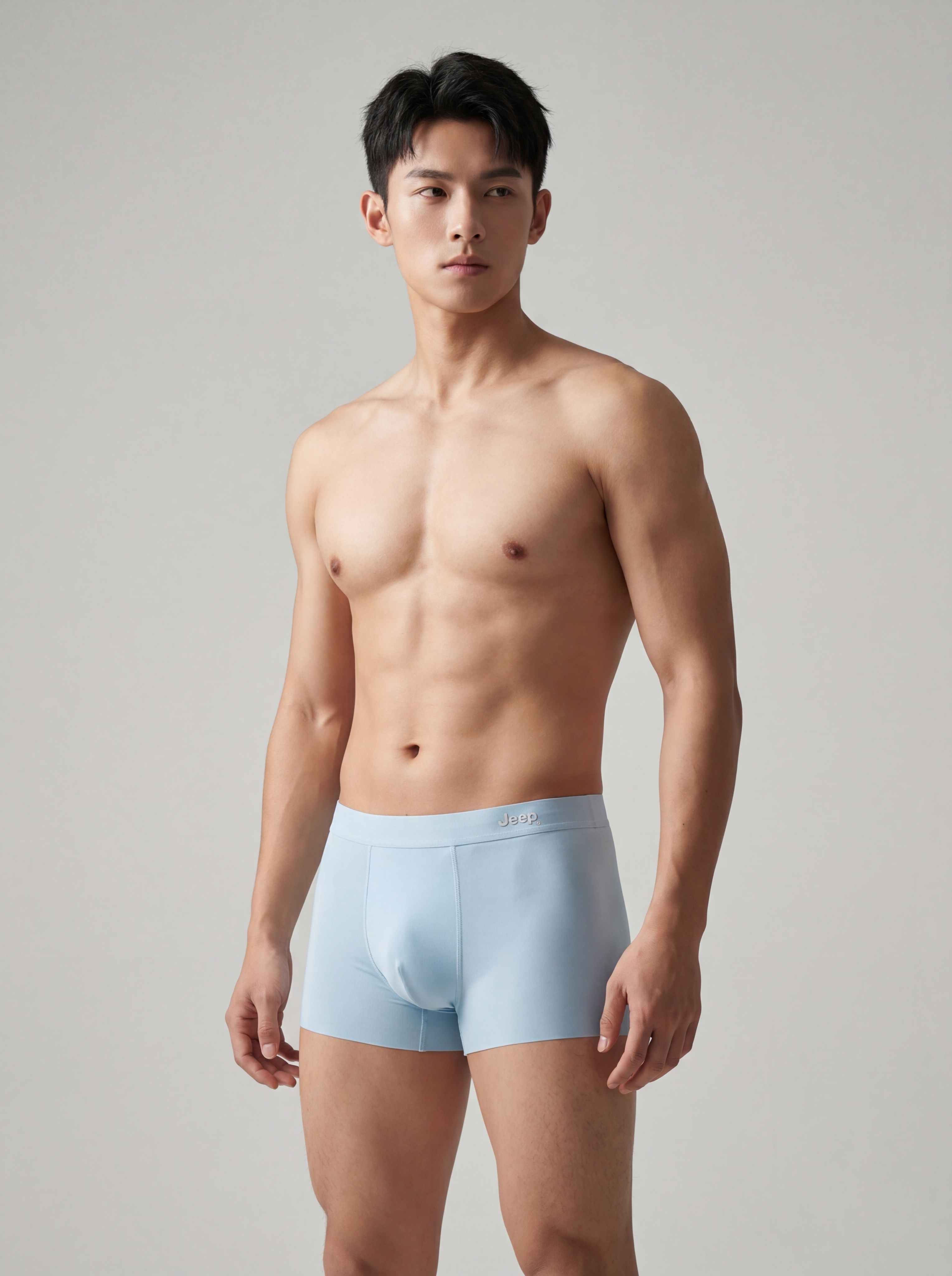 商业棚拍，年轻健硕的东亚男模上身展示浅天蓝色无痕冰丝男士平角内… - 图片创意预览