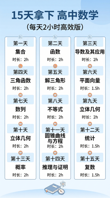 保留原图所有文字内容，更换为简约干净的现代教育海报风格，重新设计排版为竖版，保留标题“15天拿下 高中数学（每天2小时高效版）”和全部15天的知识点与时长安排信息，竖版布局更清晰易读预览效果