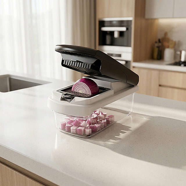 Ultra realistic product lifestyle image,主体手动蔬菜切碎器保持原有产品设计结构不变，黑白色机身搭配透明容器，强制保留所有原有产品组件。切碎器正在处理洋葱，切好的洋葱方块整齐收集在透明容器内，没有杂乱的砧板，没有散落的洋葱块，干净整洁的备菜场景，现代明亮厨房背景，柔和自然光线，突出便捷整洁少清理的特点，高级电商广告风格，超逼真产品摄影，清洁电商风格，现代美式厨房美学，柔和自然采光，高细节，清晰对焦，真实材质，准确比例，和参考产品设计一致，无Logo，无水印，无额外配件，不变形，产品完整不裁剪，无文字。保持产品主体物理结构不变，透明度控制正确。商业高调摄影，透光窗帘柔和漫射光，前中后景层次分明，三分法视觉重心，带有光影光斑。