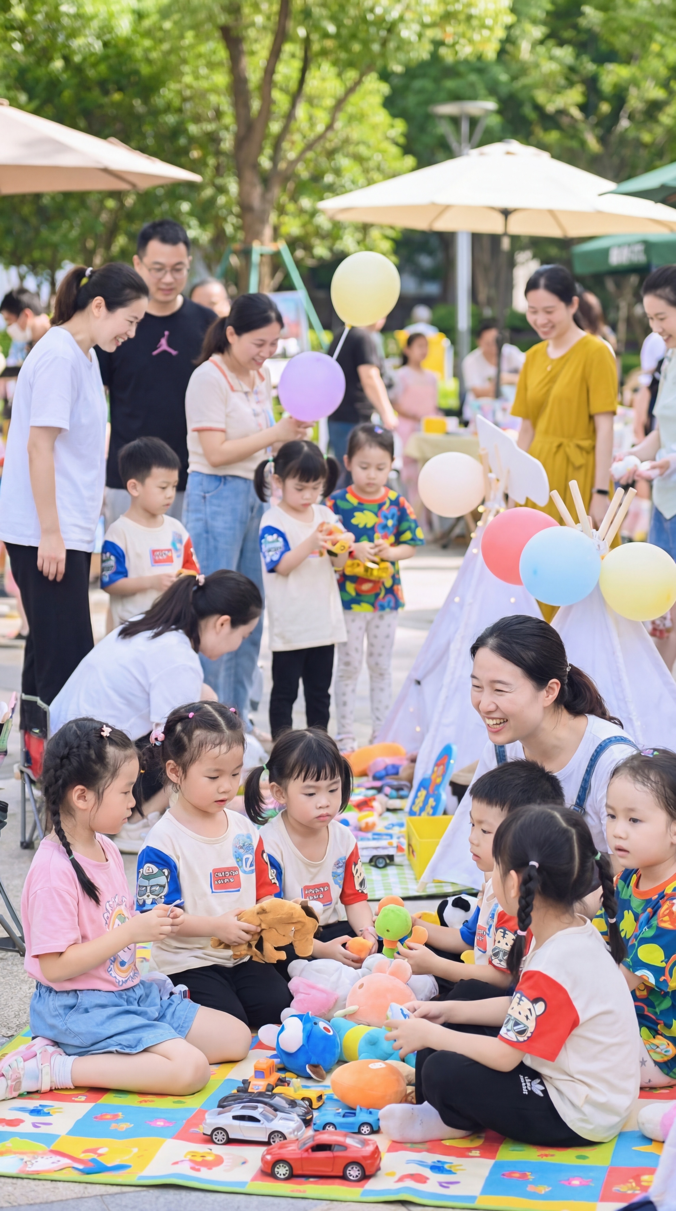 参考原图生成另一组儿童跳蚤市场活动竖图，户外市集场景，地面铺野… - 图片创意预览