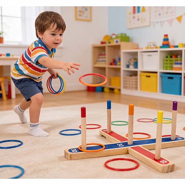替换图中小孩的脸部为其他小孩的脸，移除画面左上角的文字内容，保留整体扔圈游戏的场景和其他元素不变