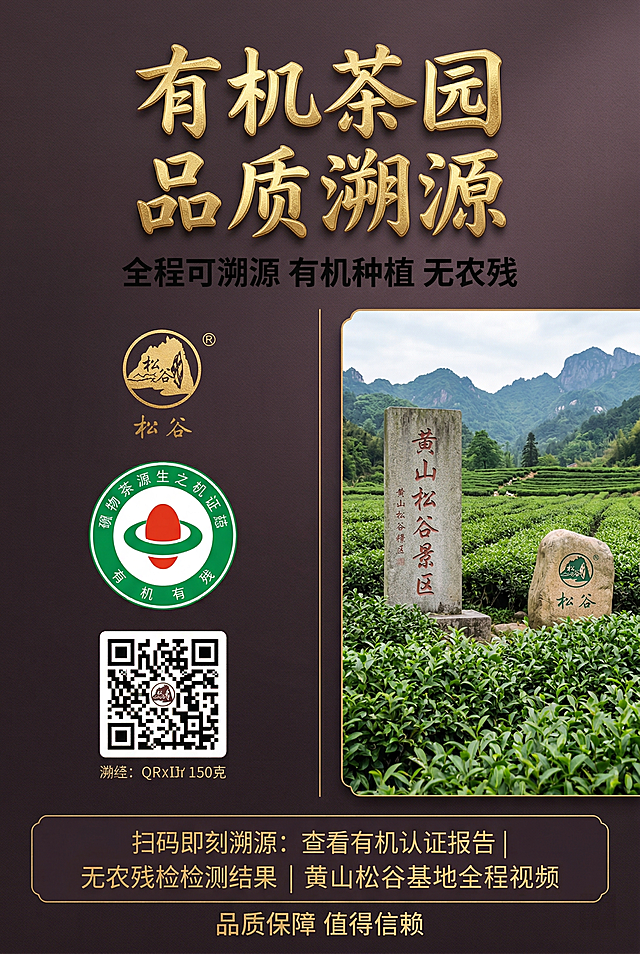电商详情页有机品质页，中式国风高端风格，杂志级排版。1:1还原展示产品包装上的溯源二维码 + 有机认证标识，搭配黄山有机茶园实景图。主标题：「有机茶园 品质溯源」，烫金书法字，顶部居中；副标题：「全程可溯源 有机种植 无农残」，哑光黑字体，主标题下方。左右分栏，左侧产品二维码细节，右侧茶园实景，底部补充溯源说明，画面统一高级，突出品质保障，8K高清，商业精修，统一中式国风高端质感，杂志级精致排版，烫金工艺质感，中文使用思源黑体Bold加书法体组合，主标题烫金立体，副标题哑光黑，排版层级清晰，产品在真实物理空间中与其他物体大小关系协调，比例保持1:1，无突兀感，画面高级统一无割裂感，禁止模糊、变形、色差、文字错误、LOGO变形、产品细节丢失、割裂感、廉价感、杂乱排版、低分辨率、水印、多余元素、认证标识错误、场景违和