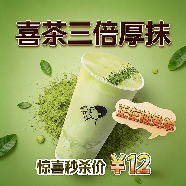 将图1海报中的旧饮品产品替换为图2的喜茶三倍厚抹奶绿杯子，保持原图中的文字内容、绿色背景、抹茶粉和绿叶装饰布局完全不变，仅替换主体饮品。
图2产品是透明塑料杯装的浅绿色三倍厚抹茶奶绿，杯身带有黑色喜茶logo图案，顶部撒有抹茶粉。
精准匹配原场景透视角度，实现空间尺度物理融合，确保新产品严丝合缝地嵌入原位置。
重置产品光影，增强光照一致性，赋予自然光影及真实接触阴影。
产品色温亮度与绿色环境完全协调，塑料杯子增加自然环境映射。
消除视觉接缝，画面自然真实，保持原背景绿色调，强化商业摄影质感。
保持原图比例。4K分辨率。
负向提示词：抠图白边,阴影方向错误,光影不匹配,透视错误,空间比例失调,巨物感,微缩模型感,悬空,违背物理常识,贴纸感,视觉接缝,边缘生硬,变形,扭曲,画面被裁剪,比例改变,背景被篡改,文字内容改变