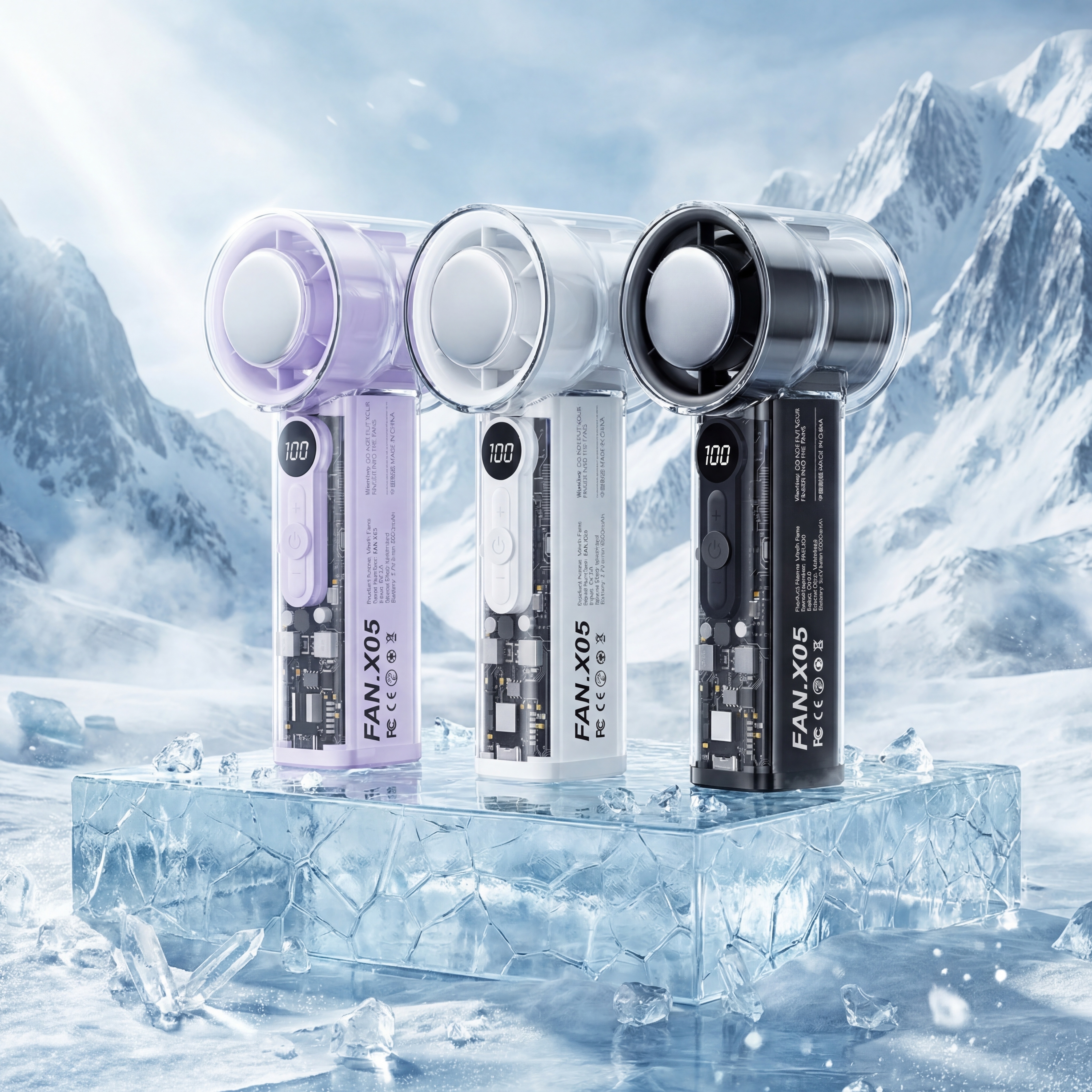 三款不同颜色的冰敷手持小风扇组合，保持产品原有结构、文字和Lo… - 图片创意预览