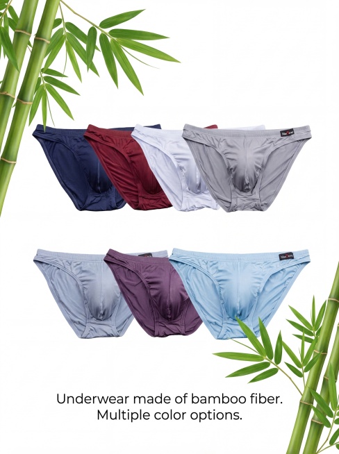 使用这七张抠好的男士三角内裤图片，保持它们原有的颜色和款式不变，将它们整齐排列在一张画布上，排版均匀美观，在画面角落添加真实竹子绿叶作为装饰，在图片底部添加文字文案'Underwear made of预览效果