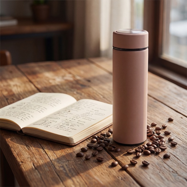 将原图中的保温瓶放在舒适的木桌上，木桌周围摆放一本打开的笔记本，还有散布的咖啡豆，保留原保温瓶粉色外观，整体画面自然舒适，风格温馨写实预览效果