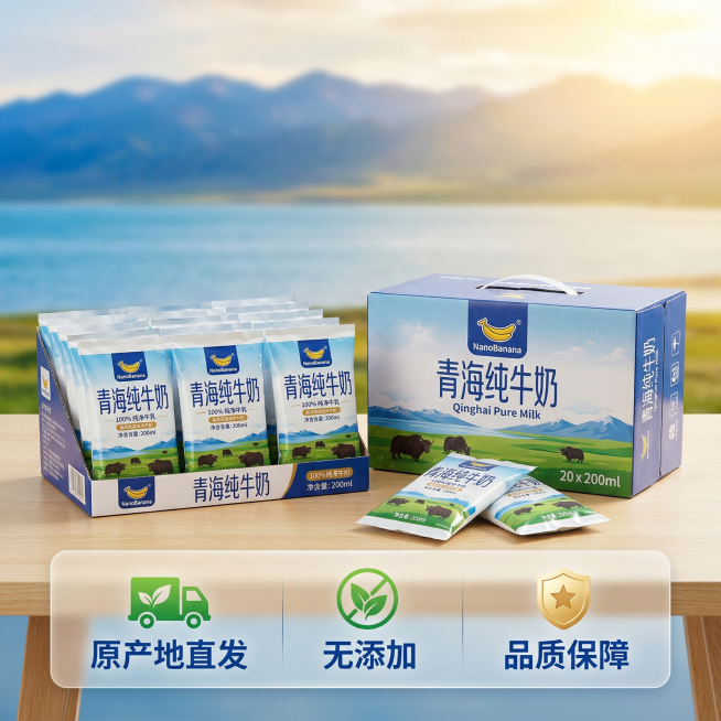 [主图5SKU礼盒展示] 袋装青海纯牛奶和整箱礼盒并排摆放，整齐展示，包装外观与用户提供原图完全一致，背景是浅蓝柔化的青海湖远景，暖金色阳光氛围，底部设置半透明悬浮条，横向排列三个服务亮点“原产地直发预览效果