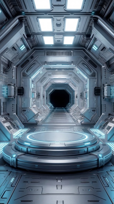 在上一张生成图基础上调整：将展示台往图片底部移动，放大展示台尺寸，调亮整体画面色调，将灯光颜色修改为浅蓝色，保留原有科幻机械舱走廊结构和银灰色金属质感预览效果