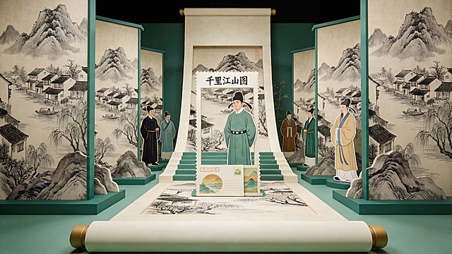 保留整体场景布局和人物立牌，将所有屏风和地面上的千里江山图水墨画替换成第二张图中的古风江南水乡水墨画，保留整体构图和人物