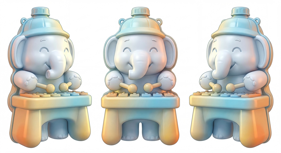 参考上传图上下结构，重新生成儿童水枪背包设计：创造一个大象敲琴的抽象IP外观，风格卡通可爱。进水口和盖子在背包上端，去掉水枪管子。大致轮廓是白象敲琴的抽象造型：大象没有脖子，上肢粗短可爱，大脑袋；上半预览效果