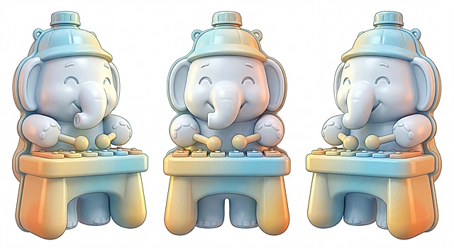 软3D风卡通大象拟人玩敲击乐器，柔和渐变色系，可爱舒适感十足，适合儿童节主题设计。