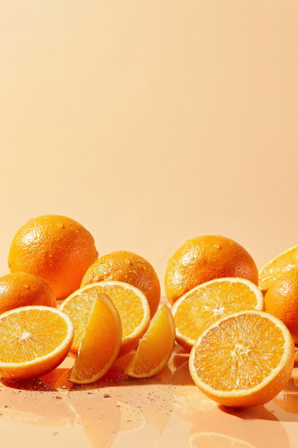 参考原图构图和新鲜橙子氛围，重新生成一张商业美食摄影图。保持多个完整橙子和切片橙子组合，保持所有橙子物理结构不变，拒绝扭曲变形。整体构图进行左右翻转，采用经典侧逆光加柔光补光，暖奶油浅杏色纯色背景，1预览效果