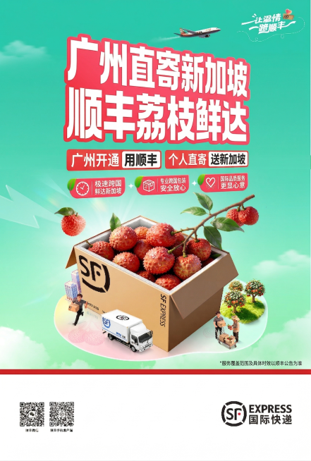 修改海报文案，将主题修改为广州开通个人寄递荔枝到新加坡，保留原海报整体设计风格、顺丰元素、荔枝和快递箱元素，配色和布局不变，只修改文案信息预览效果