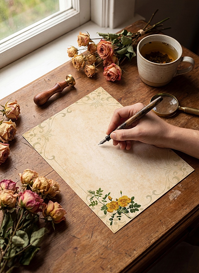 临窗的复古木质书桌，自然光洒入，一只手握着钢笔在提供的复古黄玫瑰信纸上写字，周围有几束复古玫瑰花、泡有茶叶的陶瓷马克杯、木质印章与金属放大镜。写实治愈系生活摄影风格，右侧高空俯视构图，轻微浅景深，主色调为暖棕褐色桌面，搭配米白纸张、森系植物色彩，细节丰富，传递自然手作的专注与治愈感，高清。负向提示：信纸不清晰、改变颜色、改变花纹图案、改变信纸纹理、文字错误、缺失部件、摄影灯、水印、昏暗光线、死黑阴影、硬光、畸变透视、比例失调