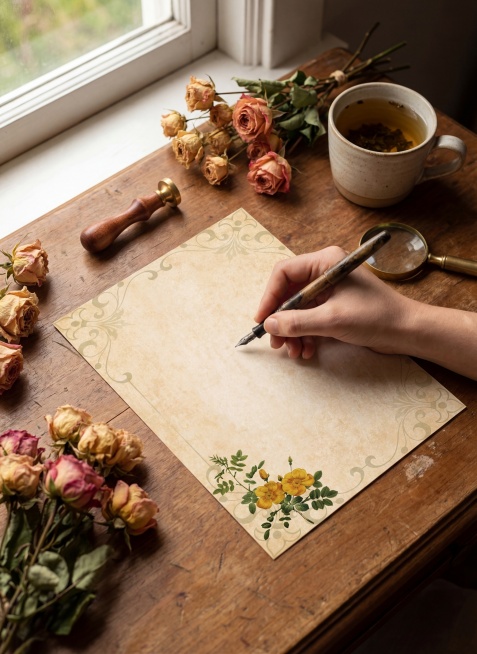临窗的复古木质书桌，自然光洒入，一只手握着钢笔在提供的复古黄玫瑰信纸上写字，周围有几束复古玫瑰花、泡有茶叶的陶瓷马克杯、木质印章与金属放大镜。写实治愈系生活摄影风格，右侧高空俯视构图，轻微浅景深，主色预览效果