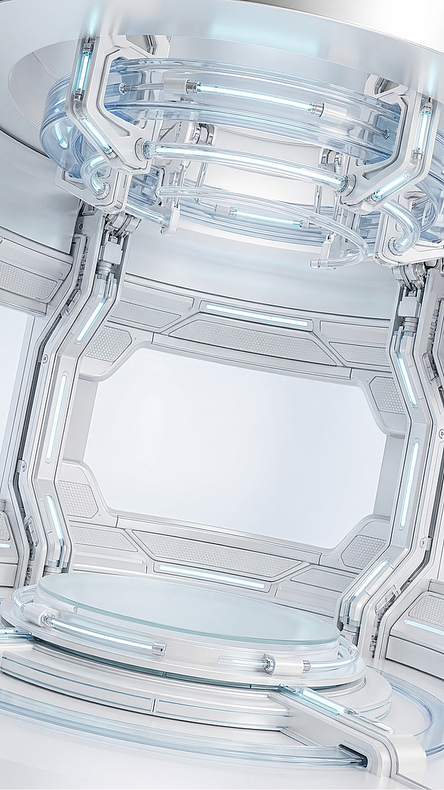 参考原图构图，生成科技感机械仓，顶部圆形为能量吸收器，底部为展示台，整体主配色为白色，部分小灯管使用浅蓝色发光效果，3D渲染，未来科技风格，玻璃和金属质感，通透干净