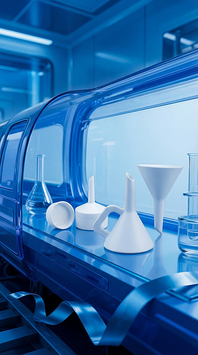 将图1原黑色框内的化妆品替换为图2的白色四氟漏斗产品，把图1整体紫色调改为科技感蓝色调，保留原图构图和场景，打造高级质感，突出产品四氟洁白材质