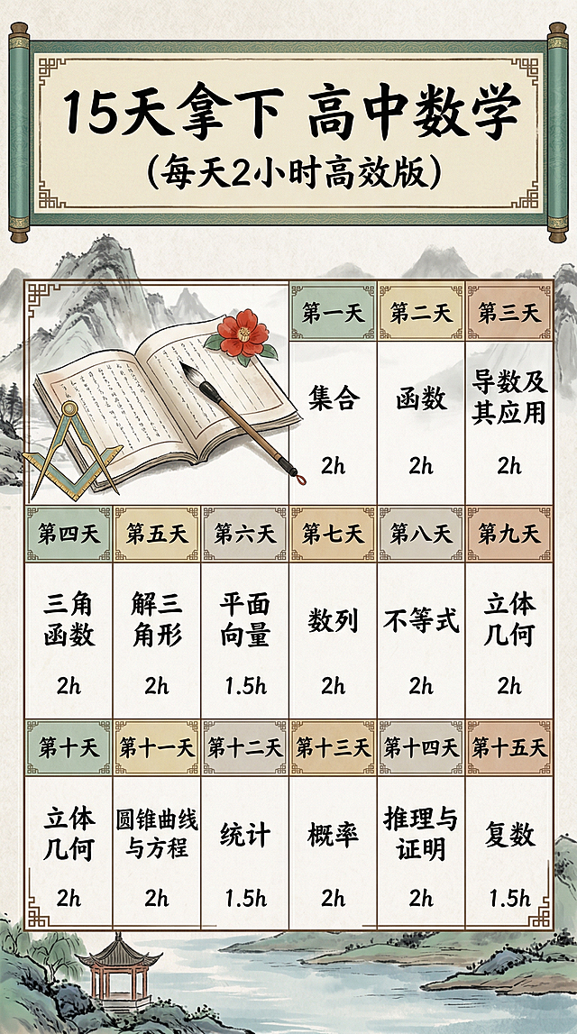 保留原图所有文字内容，生成古风中国风风格竖版学习计划表，保留全部文字和知识点安排
