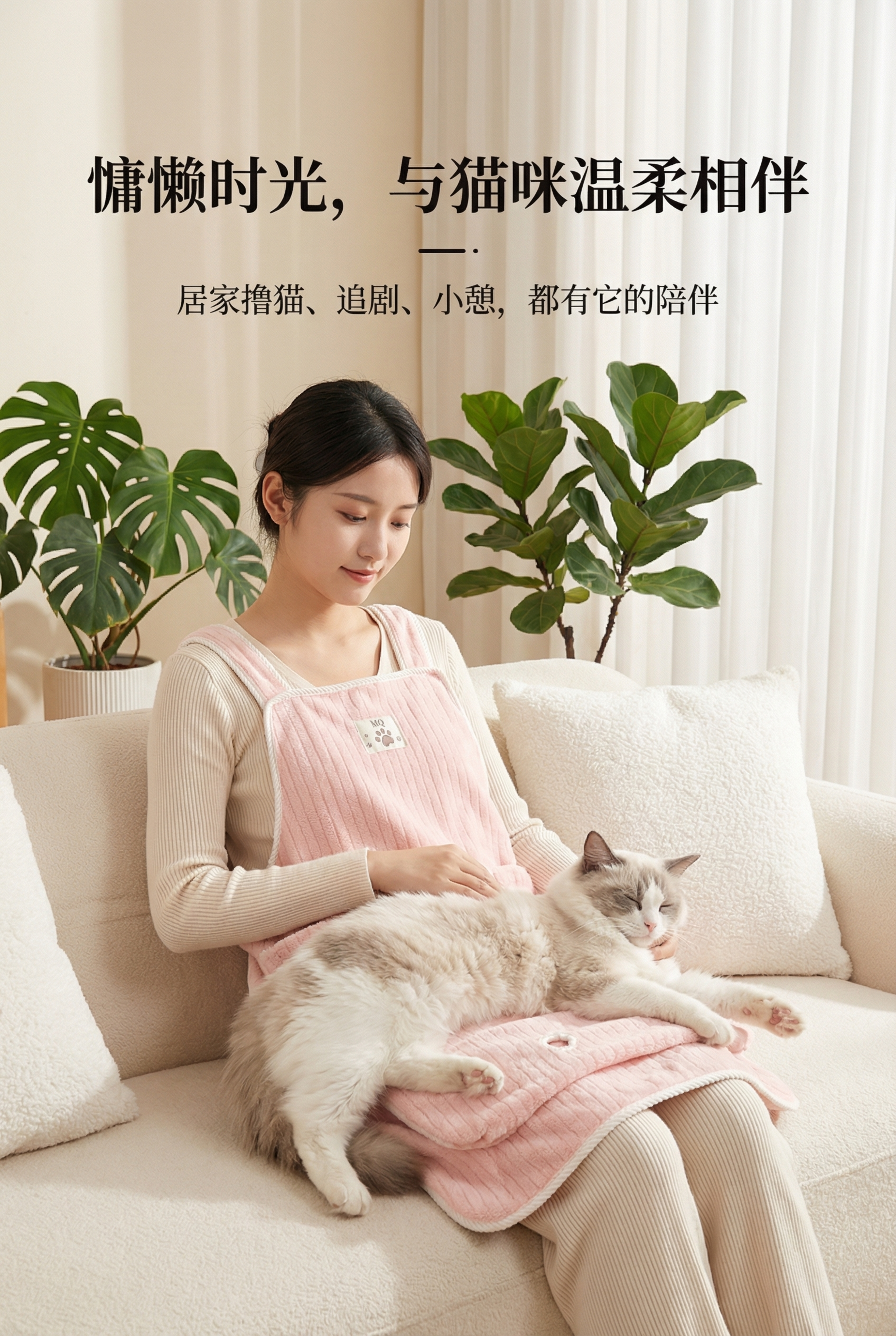年轻气质女性坐在沙发上，怀里抱着熟睡的布偶猫，穿着淡粉色抱猫围… - 图片创意预览