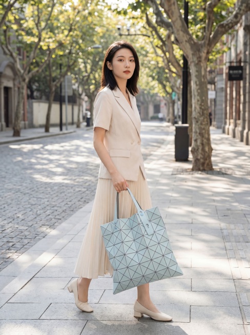 原图产品是浅雾霾蓝色几何菱格折叠托特包，保持产品物理结构绝对不变，严禁扭曲塌陷变形。东亚美女模特在城市步行街行走，模特手持该包，自然展示产品，身体放松姿态自然抓拍。城市商业步行街背景，干净砖石路面，街预览效果