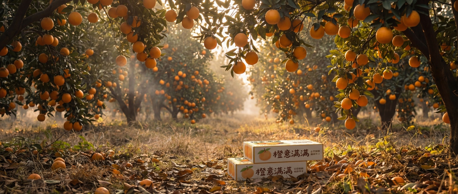 深秋赣南橙子种植果园全景，黄金午后暖调逆光自然光，枝头挂满成熟饱满脐橙，枝叶光影错落，地面浅草落叶，空气有薄雾，真人实景写真实拍，8K超清广角，低饱和原生色彩，天然生态，治愈田园氛围感，将橙子包装盒放预览效果