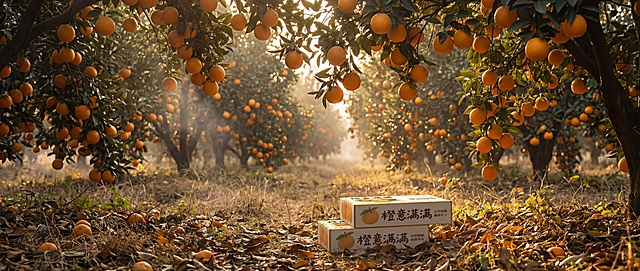 深秋赣南橙子种植果园全景，黄金午后暖调逆光自然光，枝头挂满成熟饱满脐橙，枝叶光影错落，地面浅草落叶，空气有薄雾，真人实景写真实拍，8K超清广角，低饱和原生色彩，天然生态，治愈田园氛围感，将橙子包装盒放置在果园场景中，移除脐橙特写