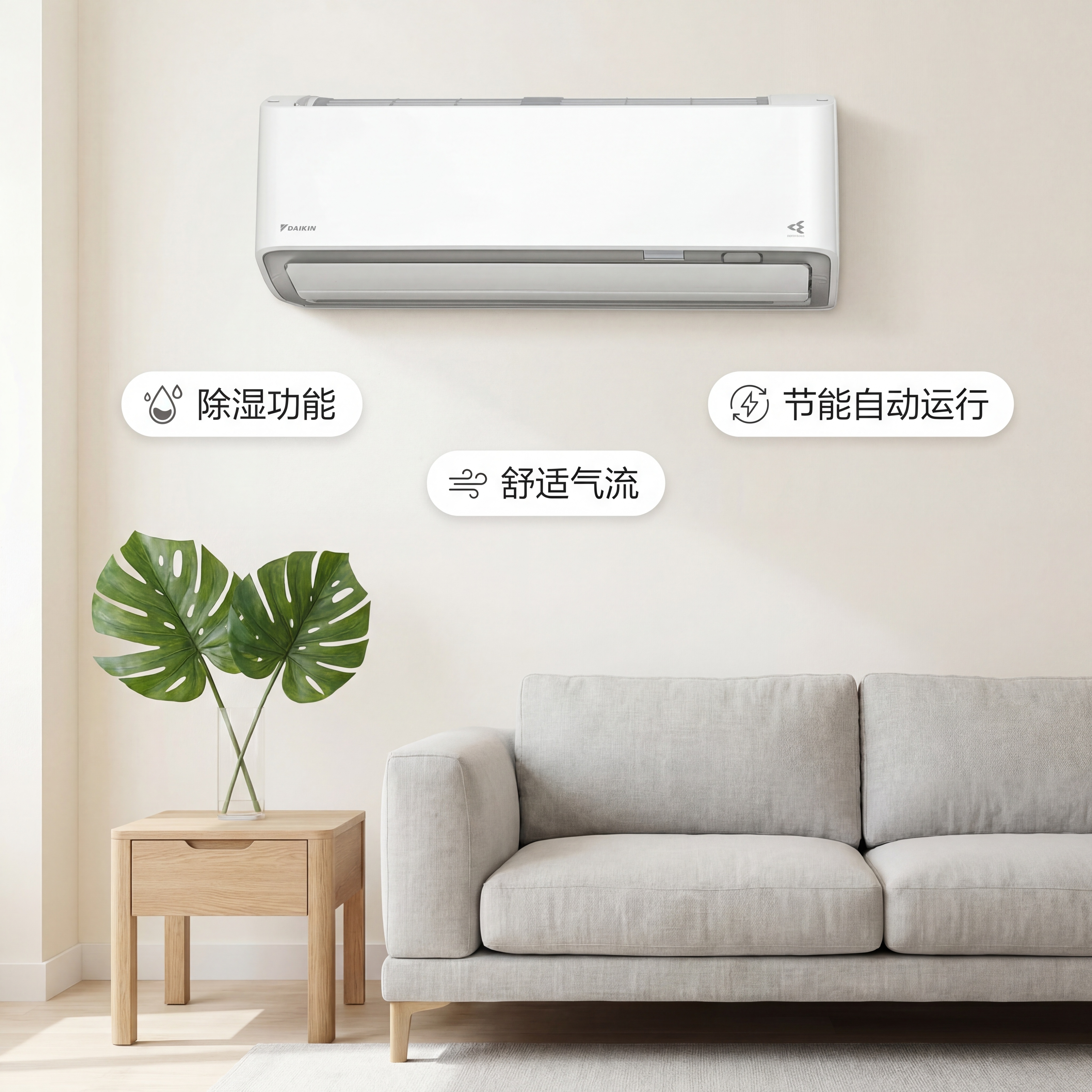 白色壁挂式室内空调，保留产品原有外观、配色和结构不变，保持Lo… - 图片创意预览