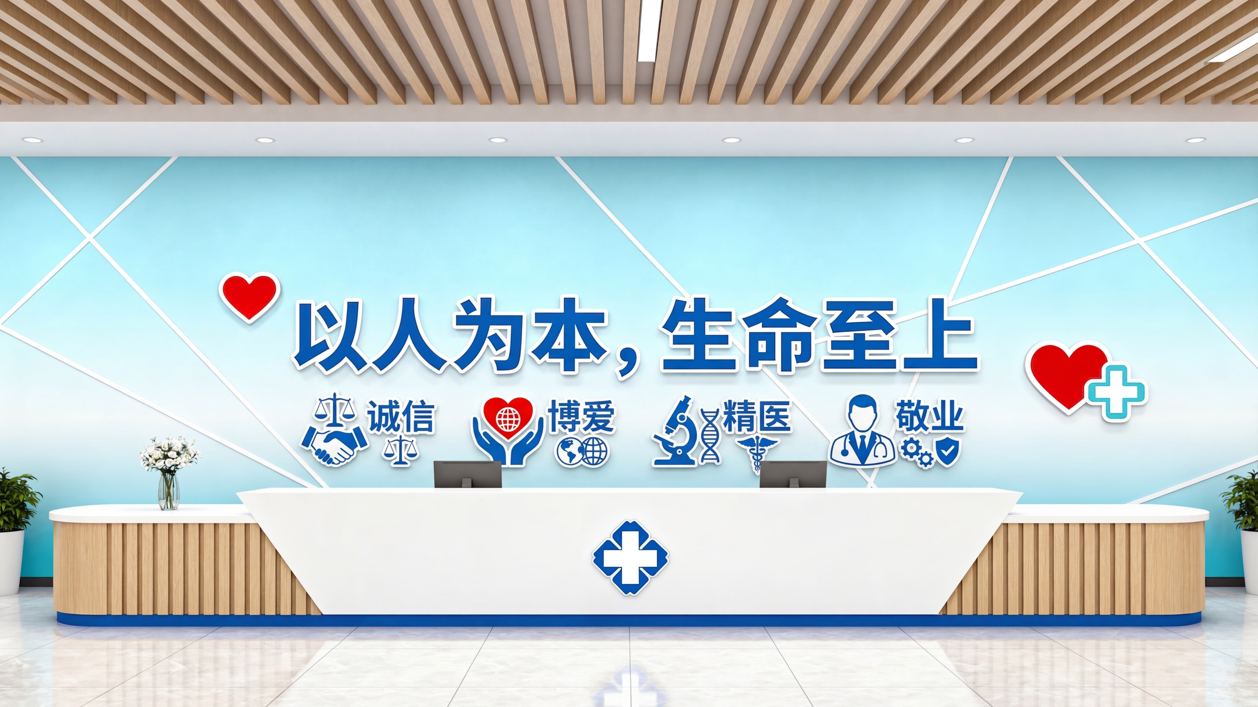 在原医院导医台文化墙基础上，增加体现医院诚信、博爱、精医、敬业… - 图片创意预览