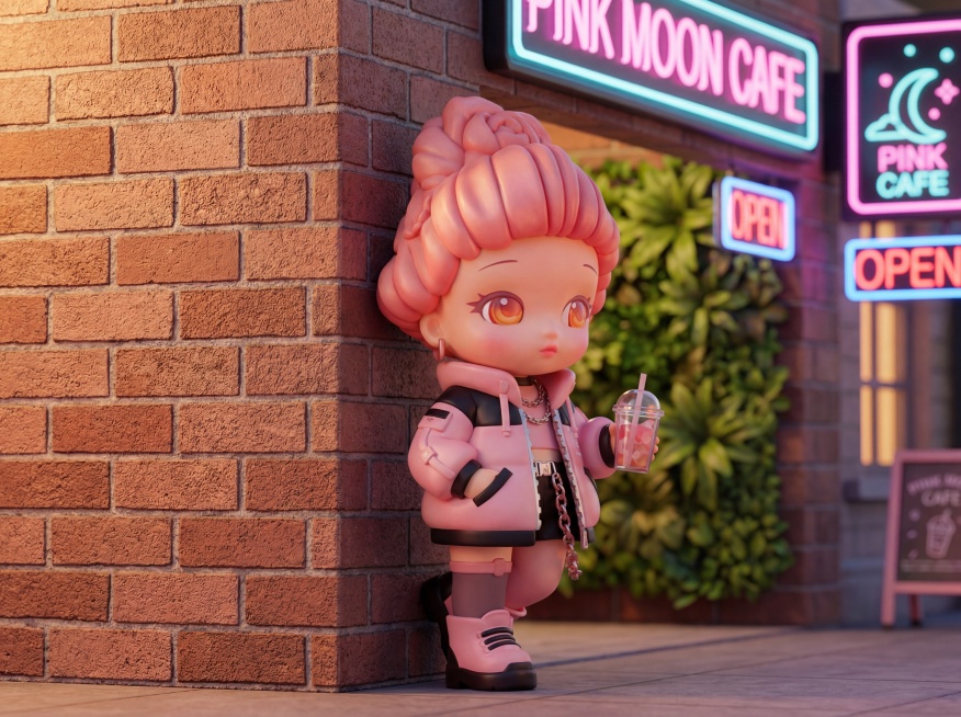 为第六个IP角色（甜酷夹克款）生成自然融合场景：城市街角咖啡店外，角色单手插兜倚靠墙边，手持冰饮，背景有霓虹灯牌与绿植墙，OC渲染器，泡泡玛特Q版3D潮玩风格，哑光树脂材质，保留原角色造型与服饰细节预览效果