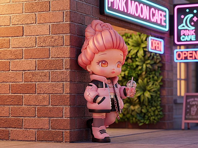 为第六个IP角色（甜酷夹克款）生成自然融合场景：城市街角咖啡店外，角色单手插兜倚靠墙边，手持冰饮，背景有霓虹灯牌与绿植墙，OC渲染器，泡泡玛特Q版3D潮玩风格，哑光树脂材质，保留原角色造型与服饰细节