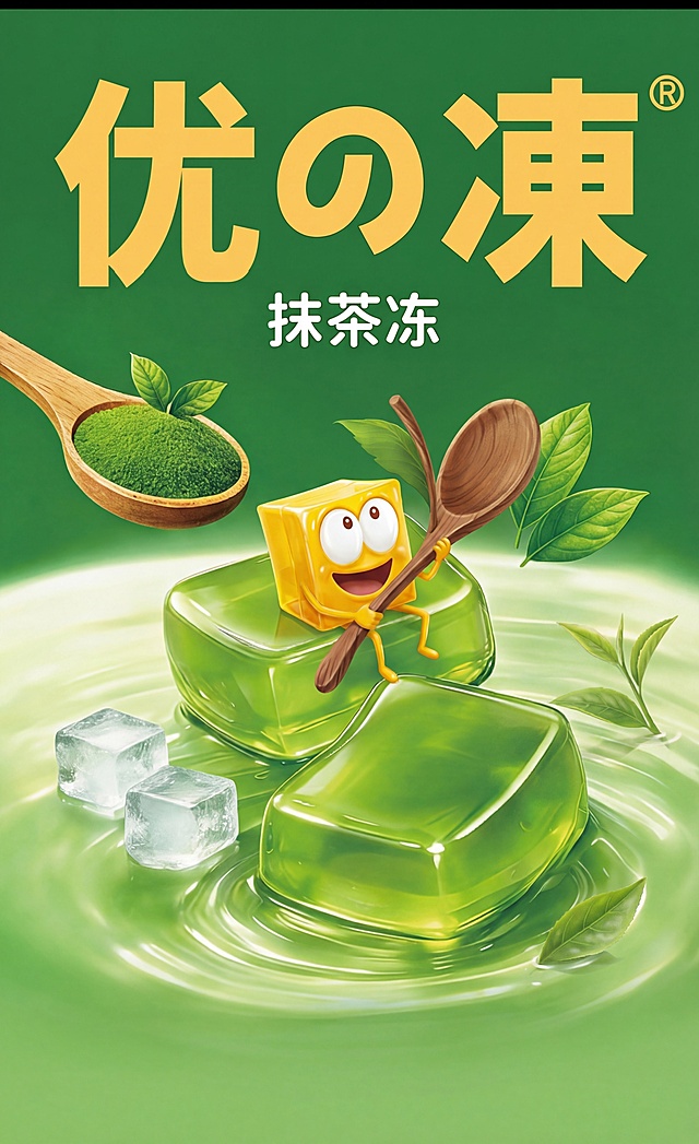 将图2中的IP形象保留不变，背景替换为图1的绿色渐变背景，IP下方的果冻颜色调整为图1中果冻的鲜亮绿色半透明质感，整体保持食品包装风格清新自然