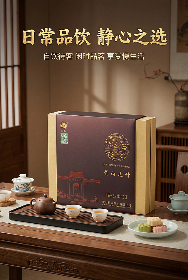 电商详情页自饮场景页，中式国风高端风格，杂志级排版。展示产品在中式茶室、茶席场景中，搭配茶具、茶点，1:1还原产品，场景温馨舒适。主标题：「日常品饮 静心之选」，烫金书法字，顶部居中；副标题：「自饮待客 闲时品茗 享受慢生活」，哑光黑字体，主标题下方。场景居中，产品突出，文字上下分布，画面清新高级，突出自饮属性，8K高清，商业精修，统一中式国风高端质感，杂志级精致排版，烫金工艺质感，中文使用思源黑体Bold加书法体组合，主标题烫金立体，副标题哑光黑，排版层级清晰，产品在真实物理空间中与其他物体大小关系协调，比例保持1:1，无突兀感，画面高级统一无割裂感，禁止模糊、变形、色差、文字错误、LOGO变形、产品细节丢失、割裂感、廉价感、杂乱排版、低分辨率、水印、多余元素、场景违和、人物违和