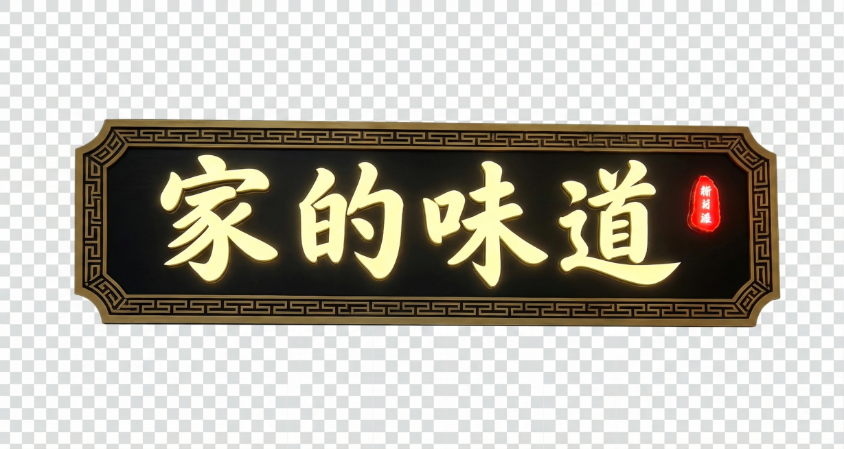 将牌匾校正为正视图，把牌匾从背景中抠出来，生成高清版本，让每个文字细节都清晰锐利，保持原牌匾的黑色底、发光黄字、回纹金色边框和红色印章的样式，高分辨率超清画质预览效果