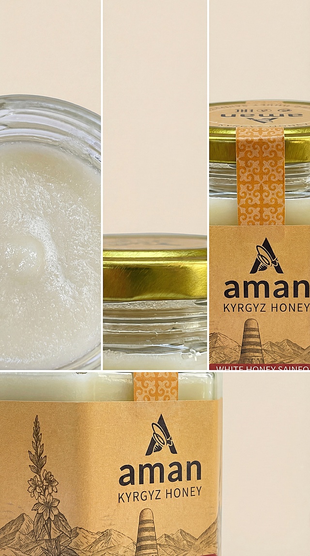 aman吉尔吉斯红豆草白蜂蜜，画面分为三个横向排列的特写区块，分别展示蜂蜜奶白结晶质地特写、金色密封盖的边缘密封细节、标签印刷细节。微距近景拍摄，浅米白纯色背景，均匀柔光。写实特写风格，突出各部位材质纹理，保持每个细节和参考图一致，避免纹理失真、颜色偏差和模糊不清。