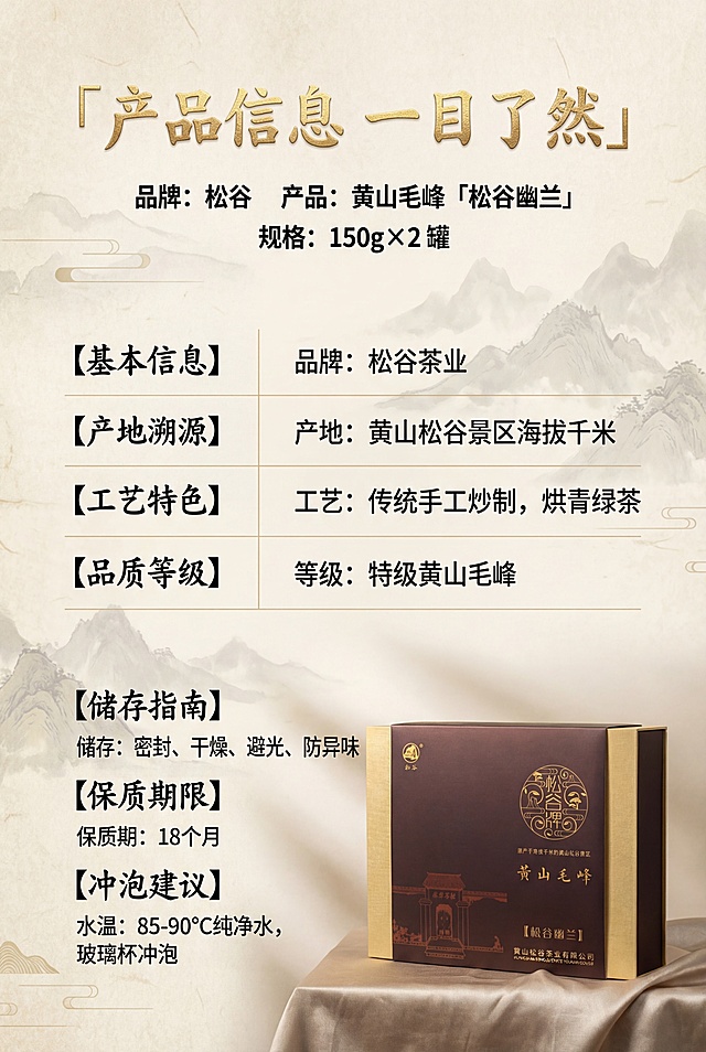 电商详情页参数信息页，中式国风高端风格，杂志级排版。简洁展示产品参数信息，1:1还原产品礼盒在角落点缀。主标题：「产品信息 一目了然」，烫金书法字，顶部居中；副标题：「品牌：松谷 产品：黄山毛峰「松谷幽兰」 规格：150g×2 罐」，哑光黑字体，主标题下方。参数分栏展示，清晰明了，产品点缀角落，画面干净大气，8K高清，商业精修，统一中式国风高端质感，杂志级精致排版，烫金工艺质感，中文使用思源黑体Bold加书法体组合，主标题烫金立体，副标题哑光黑，排版层级清晰，产品在真实物理空间中与其他物体大小关系协调，比例保持1:1，无突兀感，画面高级统一无割裂感，禁止模糊、变形、色差、文字错误、LOGO变形、产品细节丢失、割裂感、廉价感、杂乱排版、低分辨率、水印、多余元素、参数错误、排版混乱