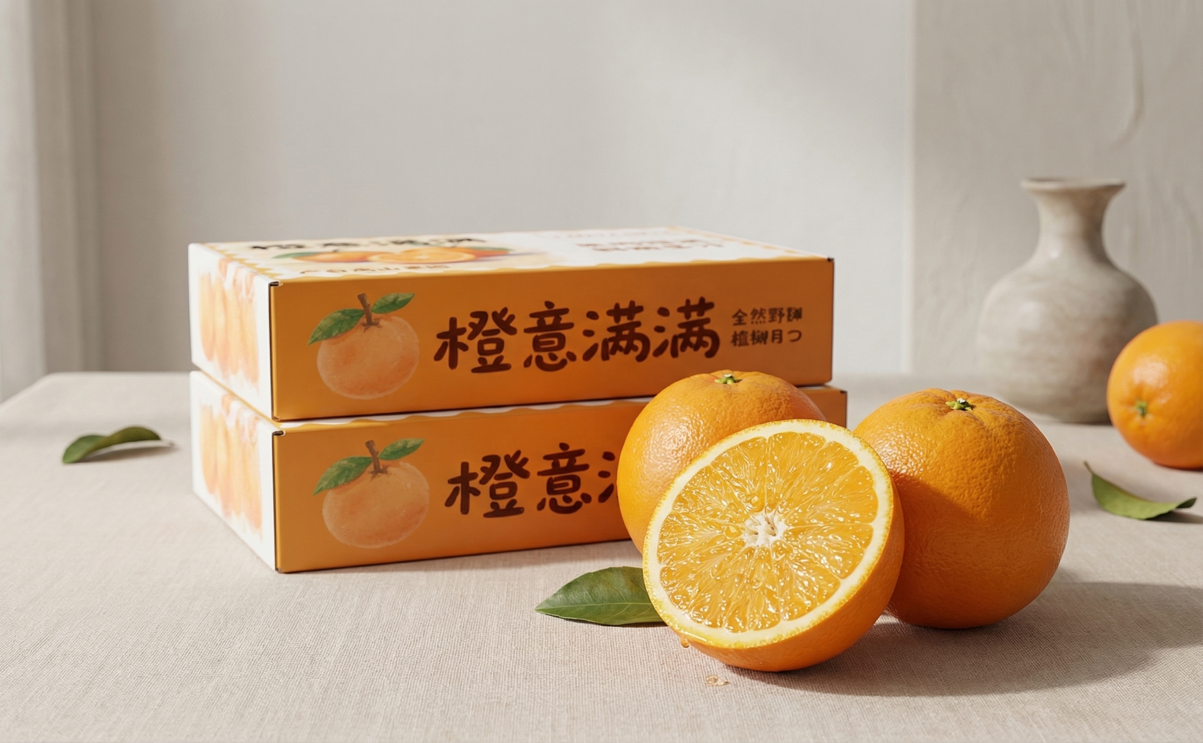 写实室内静物，轻奢极简家居环境，柔和自然光，摆放两个橙子包装盒… - 图片创意预览